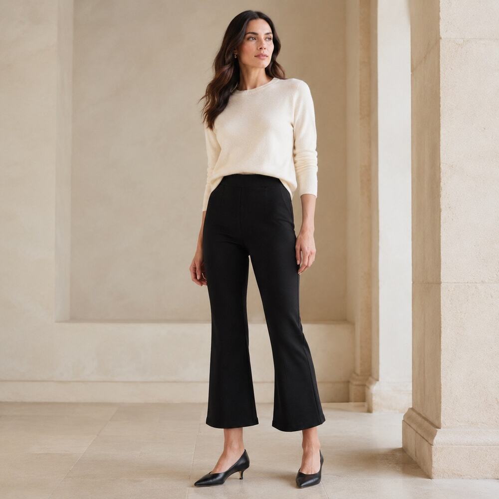 Quiet Luxury Ann Mashburn Faye Kick Crop Flare Black Ponte Pull On Pants S
